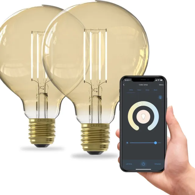 Calex Slimme Lamp - Set van 2 stuks - Wifi LED Filament Verlichting - Globe 9,5cm - E27 - Smart Bulb Goud - Dimbaar - Warm Wit licht - 7W