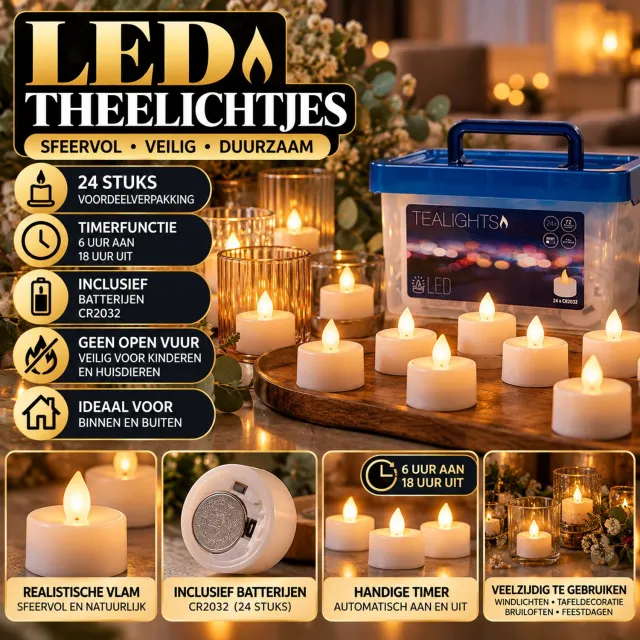 BeGoods LED Theelichtjes 24 Stuks – LED Waxinelichtjes met Timer – Inclusief Batterijen – 6 Uur Aan / 18 Uur Uit – Vlamloze Kaarsjes – Sfeerverlichting – Wit
