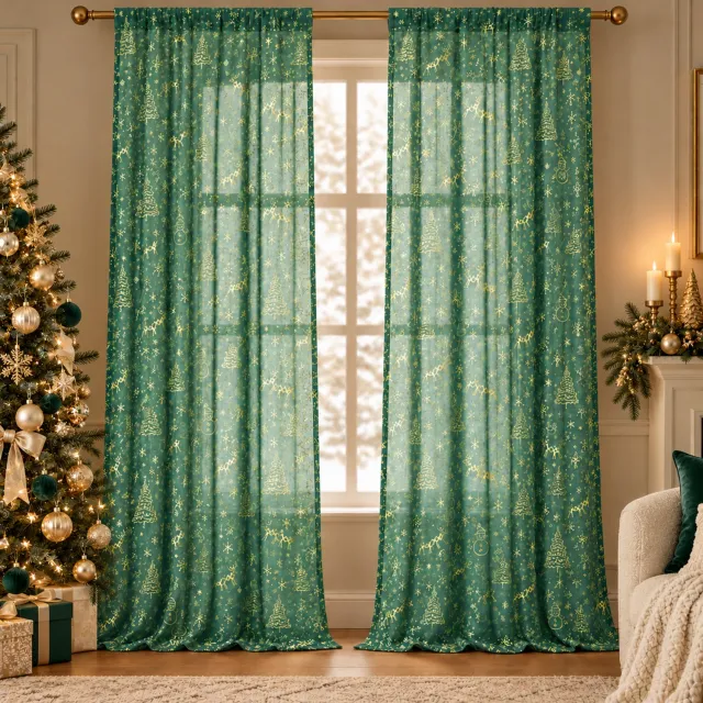 Qelus 2 Stuks Kerstgordijnen van Vitrage - Goudfolie met Sneeuwvlokken en Kerstmotieven - Transparant met Dubbele Tunnelzoom - Lichtdoorlatende Raamdecoratie voor Woonkamer en Keuken - Groen - 107 x 217 cm