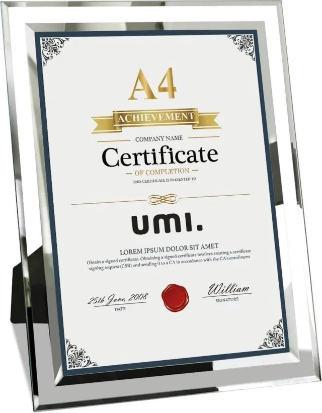 Umi A4 foto lijst kader voor certificaat of diploma doorzichtig