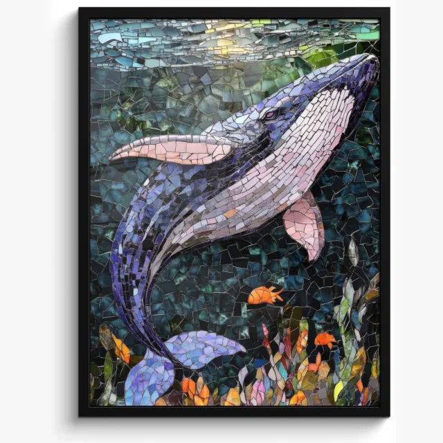 FrameYourWall Poster in lijst - Fotolijst 50x70 cm - Posters - Mozaïek - Walvis - Koraal - Water - Posterlijst zwart - Decoratie - Wanddecoratie woonkamer - Muurdecoratie slaapkamer