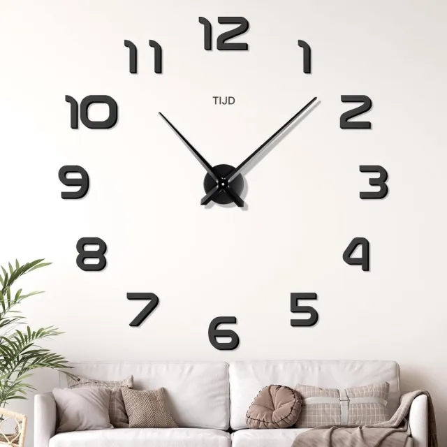 SSTRWGOOD 3D-muurstickerklok – Moderne stijl, extra grote, geruisloze sticker met spiegeleffect – Grote geruisloze wandklok – Decoratieve doe-het-zelfklok – Geschikt voor thuis, woonkamer, eetkamer, kantoor en hotel, of als cadeau – 90 cm – Zwart