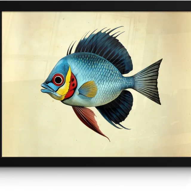 FrameYourWall Poster in lijst - Fotolijst 40x30 cm - Posters - Blauw - Kieuwen - Vis - Illustratie - Posterlijst zwart - Decoratie - Wanddecoratie woonkamer - Muurdecoratie slaapkamer Vis - Kieuwen