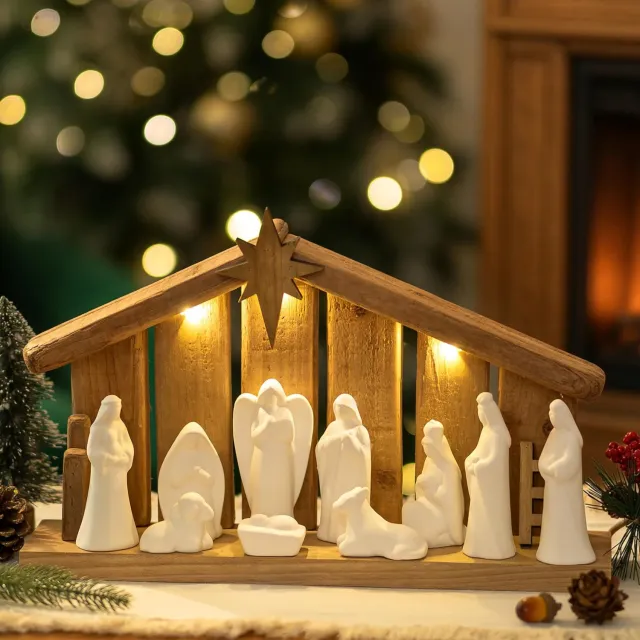Famanu Complete kerststal set van 11 delen met 10 keramische figuren en houten stal, modern minimalistisch design, ideaal voor kerstdecoratie en het vertellen van het kerstverhaal