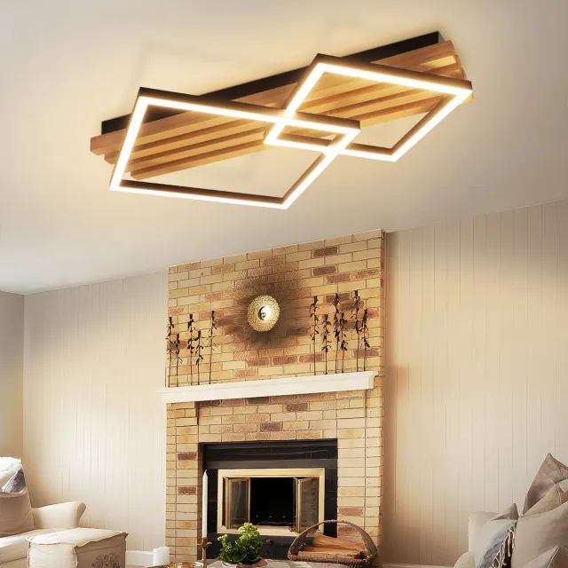 NETTLIFE Plafondlamp LED - Hout - Dimbaar 3000-6500K - Vierkant - 36 W - Modern Plafondverlichting - Geometrisch Woonkamerlamp - Slaapkamerlamp met Afstandsbediening - 2 lichts - voor Slaapkamer | Keuken | Eetkamer | Kantoor - L 55 cm
