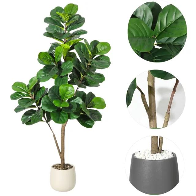 Danky Kunstmatige vioolbladvijg (Ficus lyrata) - Kamerplant - Inclusief pot en decoratieve steen - Eenvoudig te monteren - 48 bladeren - 150 cm Bruin