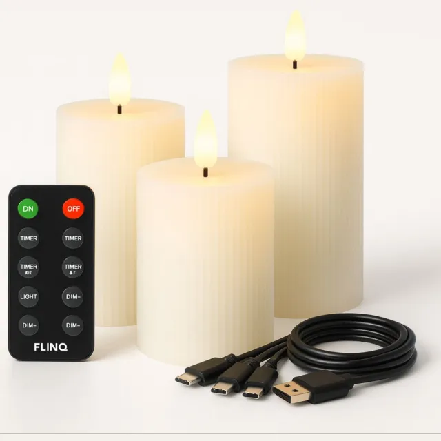 Flinq Oplaadbare LED Kaarsen met Bewegende Vlam Ribbed - Inclusief Afstandsbediening met Timer en Dimfunctie - Nep Kaarsen met Flikkerende Vlam - Dinerkaarsen Oplaadbaar - 3 stuks wit