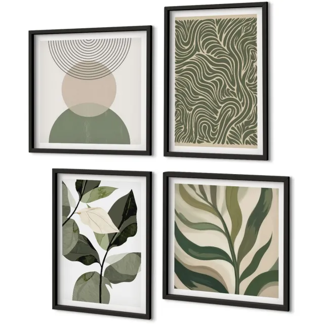Coloray 4-Delige Schilderij Set - Abstracte Bladeren En Geometrische Vormen - 40 x 40 cm En 40 x 60 cm - Moderne Wanddecoratie - Woonkamer - Interieur Decoratie Zwarte lijst