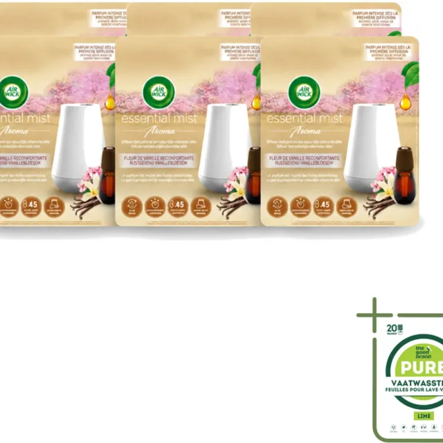 Air Wick 6 x Air Wick Essential Mist - Elektrische Geurverspreider - Starterkit - Rustgevende Vanillebloesem - 20ml - Grootverpakking - Vaatwasstrips - Geurverspreider - Vanillebloesem - Rustgevende Geur - Essentiële Oliën - Warme Geur Wit
