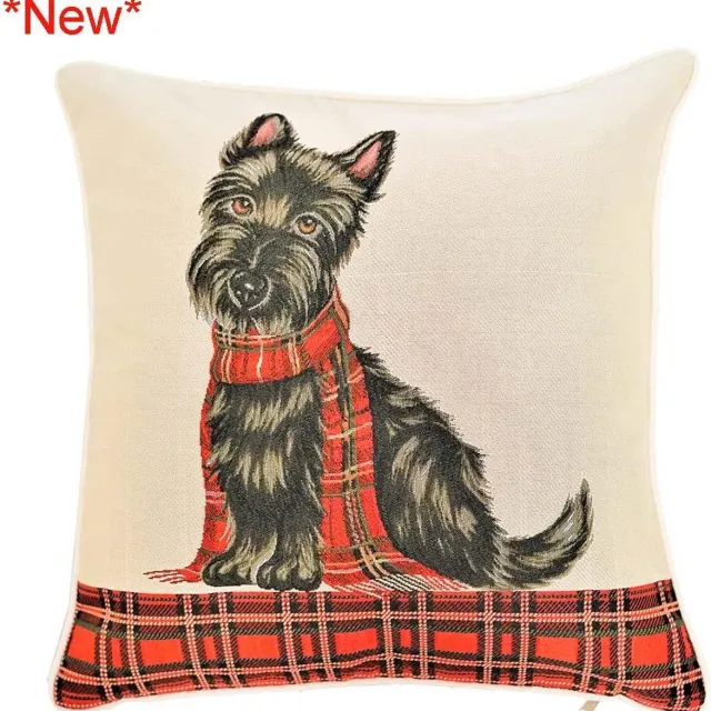 Signare Kussenhoes - luxe gobelinstof- Scottie - Honden - Hond - Schotse Ruit Creme