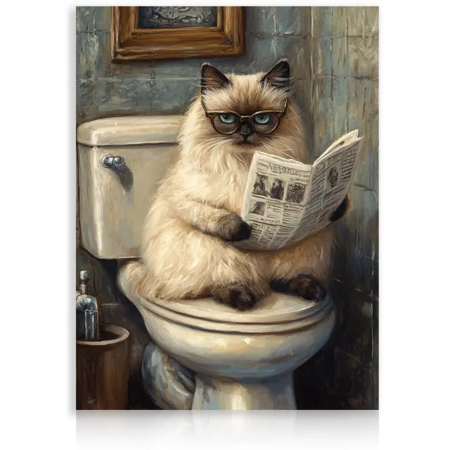 Ibenzoa Humoristische Dierenposter voor Badkamer - Kat Leest Krant op Toilet - Wanddecoratie 30 x 40 cm beige
