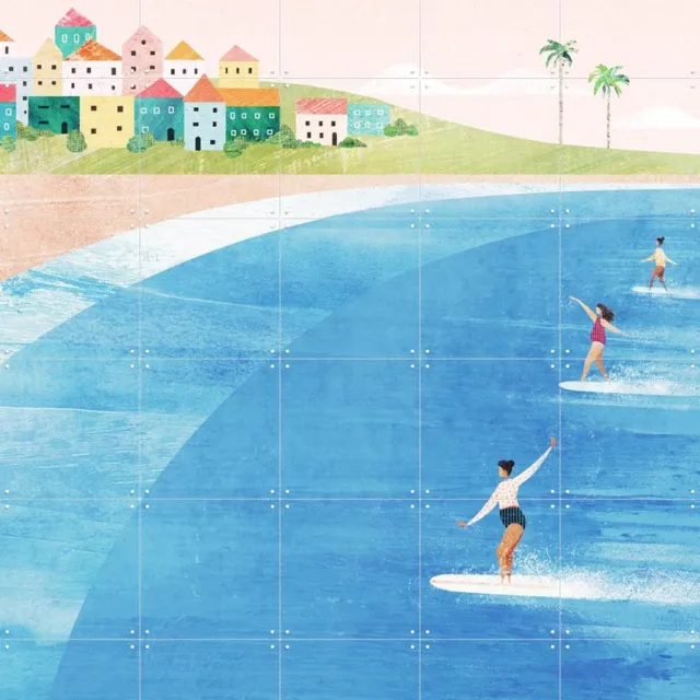 IXXI Surf Beach, Henry Rivers - 100 x 140 cm - Grote wanddecoratie en posters - Kleurrijk, Speels, Illustraties, Digitale Kunst, Woonkamer, Mancave Blauw