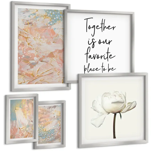 TULUP 4-Delige Schilderij Set - Abstracte composities met bloemen en inspirerende slogans - 50 x 50 cm, 20 x 30 cm en 40 x 60 cm - Muurdecoratie - Wanddecoratie - Hal - Moderne Wanddecoratie Zilveren lijst