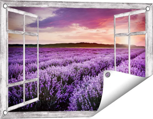 Gards Tuinposter Doorkijk Bloemenveld met Paarse Lavendel - Bloemen - 60x40 cm - Tuindoek - Tuindecoratie - Wanddecoratie buiten - Tuinschilderij Grijs