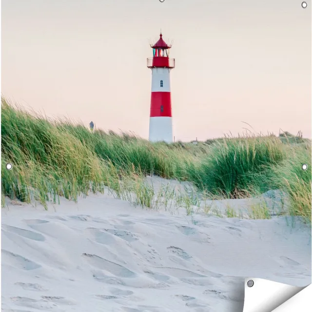 Gards Tuinposter Strand en Duinen met een Vuurtoren - 90x90 cm - Tuindoek - Tuindecoratie - Wanddecoratie buiten - Tuinschilderij Multikleur