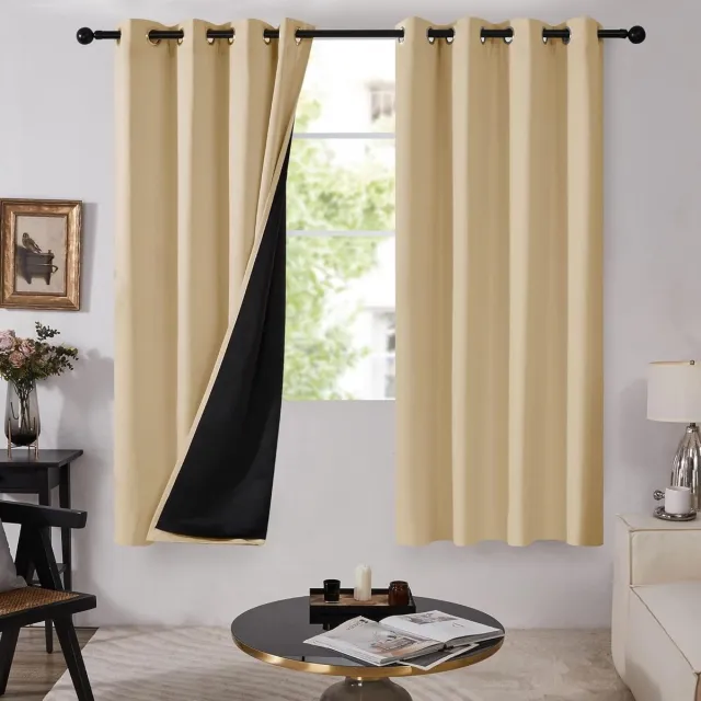 Allecto Plus Totaal verduisterende gordijnen woonkamer - Oogjes raamgordijn - Dubbellaags - 160 x 132 cm - Kaki - Set van 2 Any