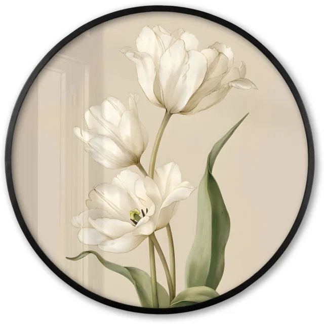 FrameYourWall Poster in lijst Rond - Fotolijst 80x80 cm - Posters - Tulpen - Wit - Bladeren - Ronde posterlijst zwart - Decoratie - Wanddecoratie woonkamer - Muurdecoratie slaapkamer Tulpen - Bladeren