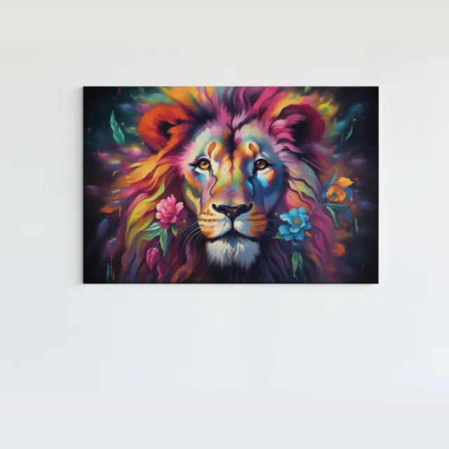 Trendex Global Canvas Schilderij - Dieren - Kleurrijke Leeuwenkop - 60x40x2 cm