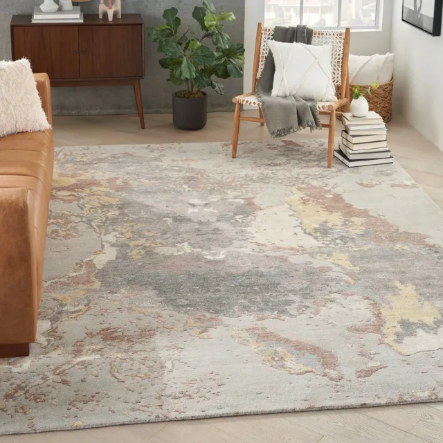 Nourison Silk Shadows SHA20 Silver Vloerkleed - 114 x 175 cm - Veelkleurig - Rechthoekig - Bamboezijde, Wol - Woonkamer, Eetkamer, Slaapkamer - Abstract - Modern, Design