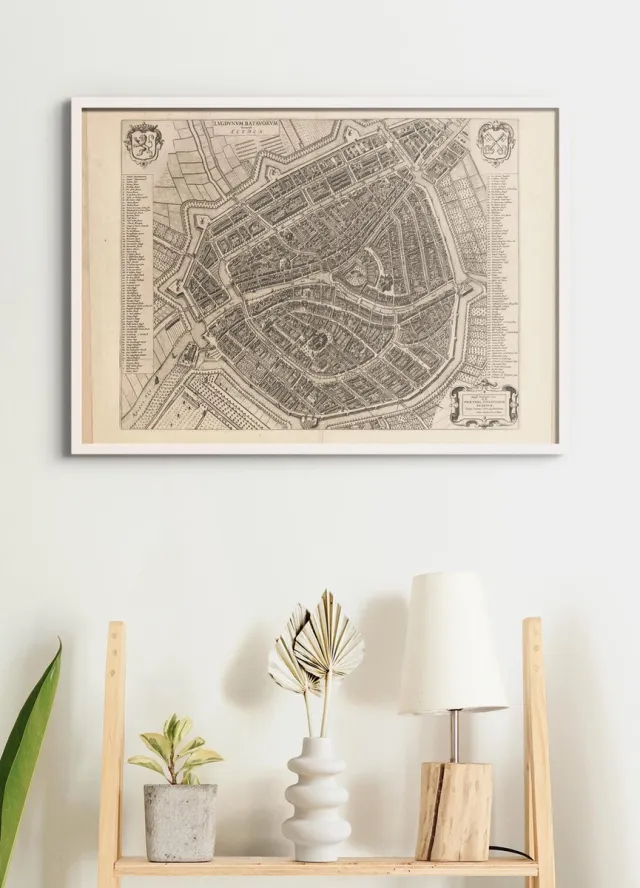 Esque Poster In Witte Lijst - Historische Oude Kaart Leiden 1652 - Stadsplattegrond - Large 50x70