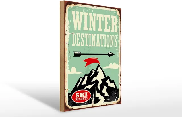 Femer Holzschild Retro 30x40cm Ski winter destinations Beige