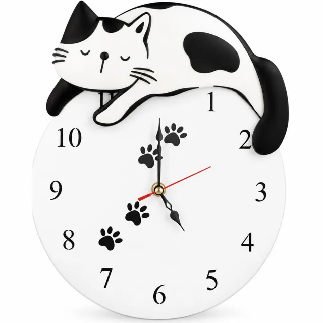 SWGOTA Acryl wandklok met kat en pootafdrukken, 30 x 24 cm, analoog en enkelzijdig, voor woonkamer en slaapkamer Zwart