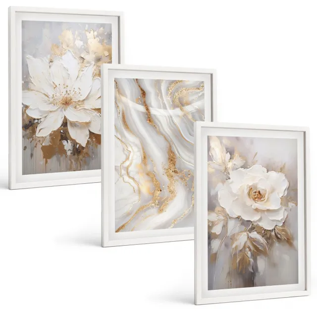 Coloray 3-Delige Schilderij Set - Bloemen En Abstract Marmerpatroon - 40 x 60 - Stijlvolle Wanddecoratie - Interieur - Muurdecoratie Witte lijst
