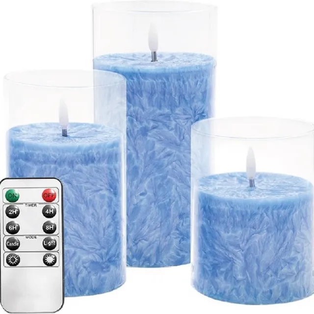 Higestone Electrische Kaarsen | Led-Kaarsen | Blauw In Glas | 3 Stuks | Met Afstandsbediening | Op Batterijen | Sfeer | Sfeerkaars