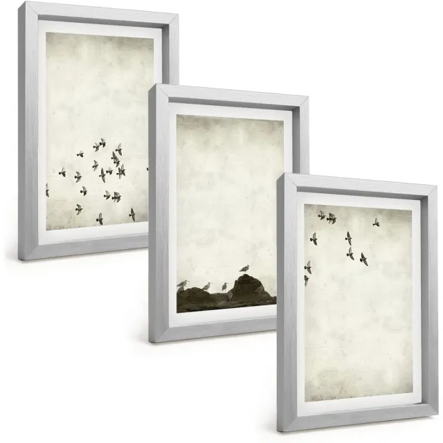 TULUP 4-Delige Schilderij Set - Vogels in vlucht, geschilderd in minimalistische stijl. - 20 x 30 cm - Decoratieve Schilderijen - Wanddecoratie - Hal - Stijlvolle Muurdecoratie Zilveren lijst