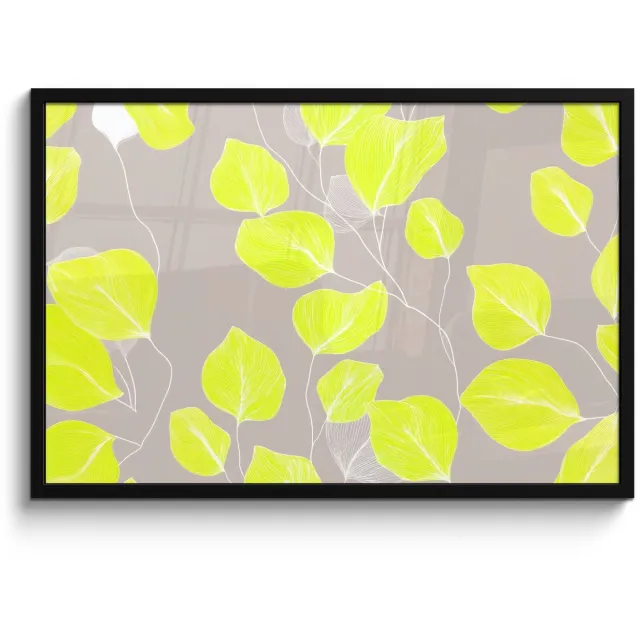 FrameYourWall Poster in lijst - Fotolijst 90x60 cm - Posters - Bladeren - Neon - Geel - Lijnen - Posterlijst zwart - Decoratie - Wanddecoratie woonkamer - Muurdecoratie slaapkamer Bladeren - Lijnen - Neon