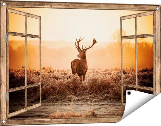 Gards Tuinposter Doorkijk Hert in de Wei tijdens de Zonsopkomst - 90x60 cm - Tuindoek - Tuindecoratie - Wanddecoratie buiten - Tuinschilderij Licht bruin