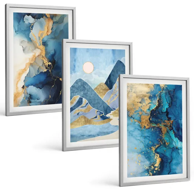 TULUP 4-Delige Schilderij Set - Abstracte marmeren beelden uit de Blauwe Bergen - 40 x 60 cm - Stijlvolle Wanddecoratie - Interieur - Muurdecoratie Zilveren lijst