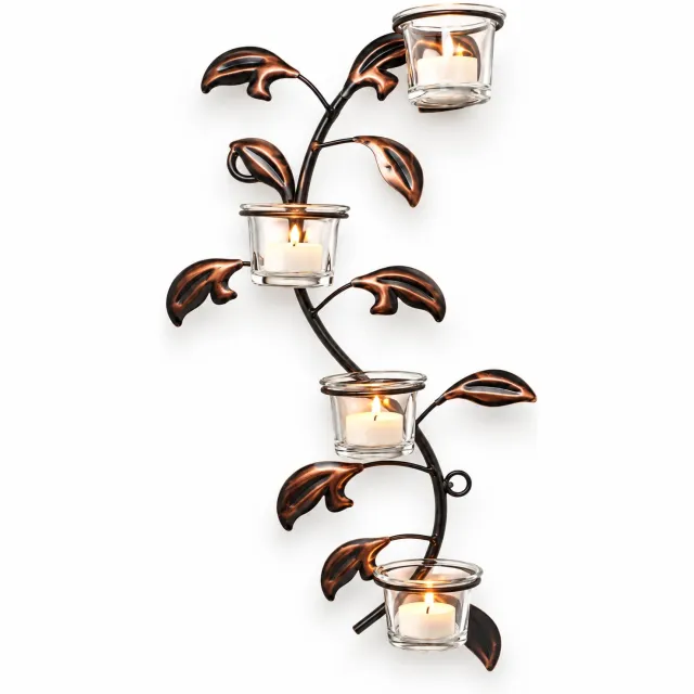 N3 Collecties Decoratieve Metalen Wandkandelaar met Bladmotief – 4 Glazen Theelichthouders Zwart