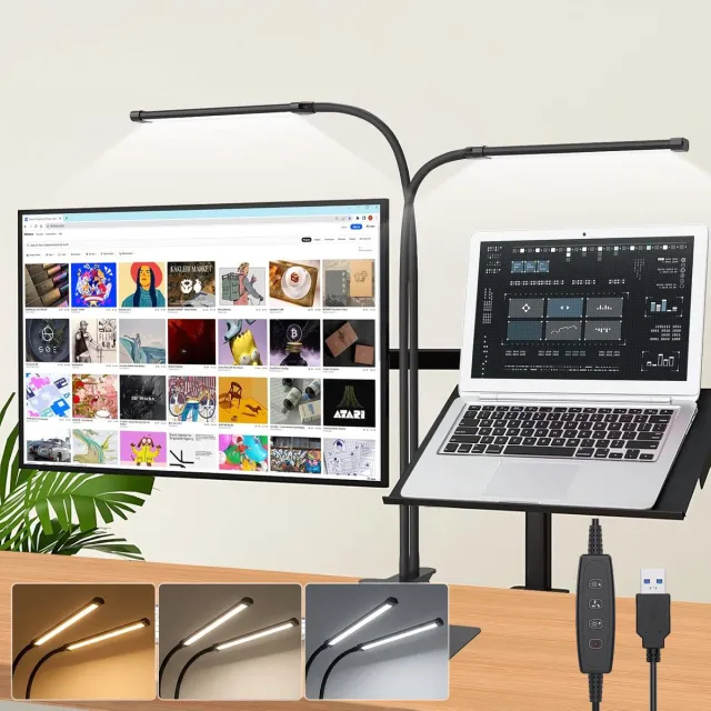 MUPOO Dimbare Bureaulamp met Dubbele lampkoppen - Flexibele Zwanenhals - 3 Kleuren licht & 5 Helderheidsniveaus - Leeslamp - Klemlamp - Tafellamp - Hobbylamp Zwart