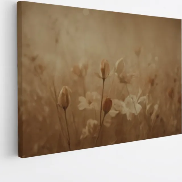 Saammp Canvas Schilderij - Vintage - Witte Bloemen - Beige - Abstract - 60x40 - Foto op canvas - Wanddecoratie - Muurdecoratie Woonkamer - Kantoor Decoratie Multicolor