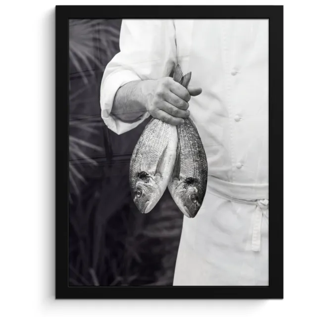 FrameYourWall Poster in lijst - Fotolijst 30x40 cm - Posters - Vissen - Chef - Zwart - Wit - Posterlijst zwart - Decoratie - Wanddecoratie woonkamer - Muurdecoratie slaapkamer