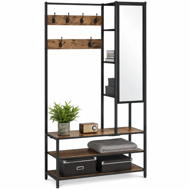VILIMA Garderobekast - Halkast - Kapstok met schoenenrek - Spiegel - Industrieel design - 35x98x182 cm - Houtlook - zwart staal
