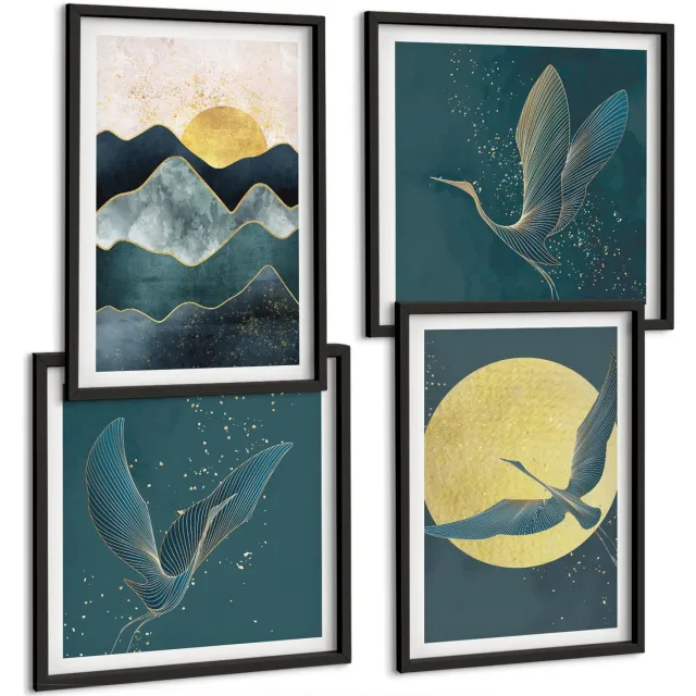 TULUP 4-Delige Schilderij Set - Vogels, kraanvogels in vlucht, maan, sterren en berglandschap - 40 x 40 cm en 40 x 60 cm - Muurdecoratie - Wanddecoratie - Hal - Interieur Decoratie Zwarte lijst