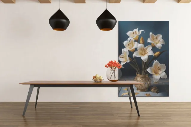 Trendex Global Canvas Schilderij - Bloemen in Gouden Vaas - Kunst - 90x60x2 cm Wit