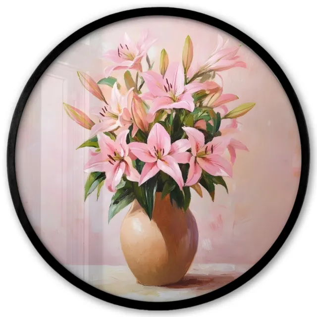 FrameYourWall Poster in lijst Rond - Fotolijst 40x40 cm - Posters - Vaas - Bloemen - Roze - Ronde posterlijst zwart - Decoratie - Wanddecoratie woonkamer - Muurdecoratie slaapkamer