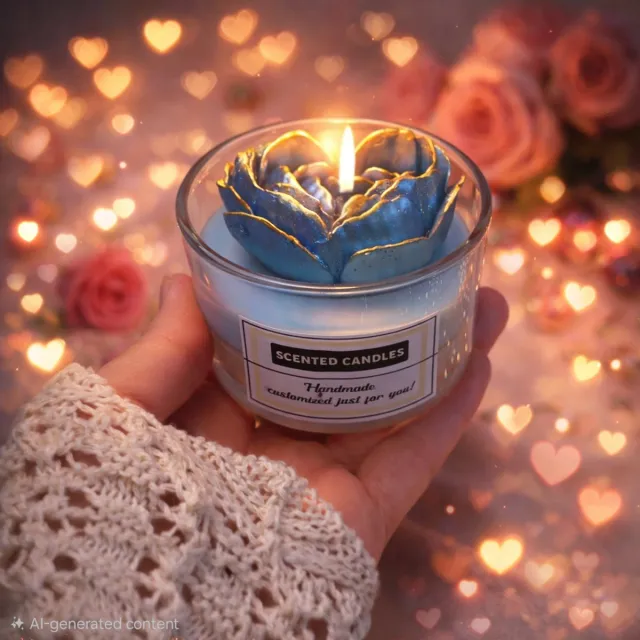 Kiki Cadeautjes Decoratieve rooskaars in hartvorm – sojawas – geparfumeerd – blauw met gouden rand – handgemaakt – cadeauverpakking