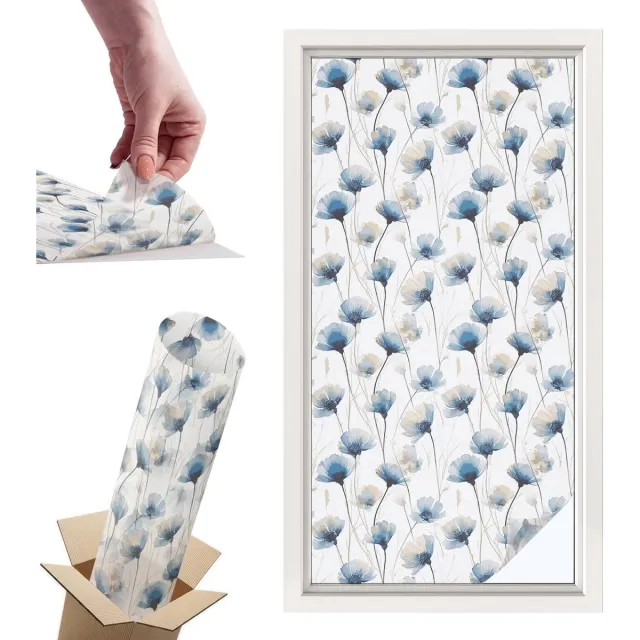 TULUP Raamfolie Anti inkijk - Blauwe bloemen Privacy Folie Raam - 50x100 cm - Wit Anti inkijk Folie - Raamfolie Tegen inkijk Glas in Lood - Voor de slaapkamer, woonkamer en badkamer. - Raamfolie Zonwering Wit - Blauwe bloemen