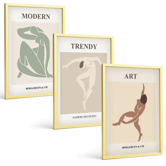 TULUP 4-Delige Schilderij Set - Stijlvolle personages in minimalistische tinten - 40 x 60 cm - Schilderijen Set - Wanddecoratie - Woonkamer - Decoratieve Schilderijen Gouden lijst