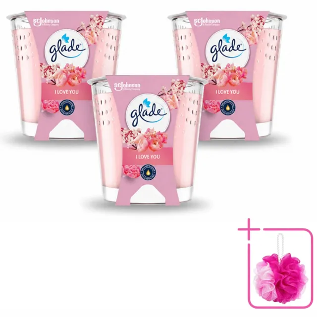 Glade 3 x Glade - Geurkaars I Love You - 100% Raapzaadwas & Vegan - 112 g - Bulkverpakking - Geurkaars - Douchemop - Vegan roze