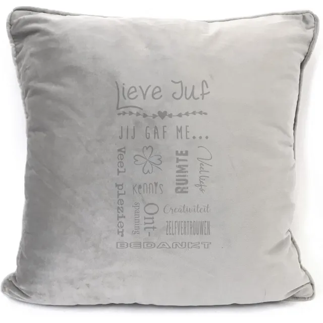 SandD-art Grijs sierkussen Velours - 45x45cm - Met Tekst: Lieve Juf. Cadeau-bedankje Juf.