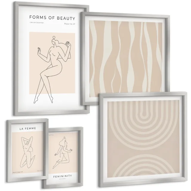 TULUP 4-Delige Schilderij Set - Minimalistische vormen van schoonheid in een moderne stijl. - 50 x 50 cm, 20 x 30 cm en 40 x 60 cm - Moderne Wanddecoratie - Slaapkamer - Muurdecoratie Zilveren lijst
