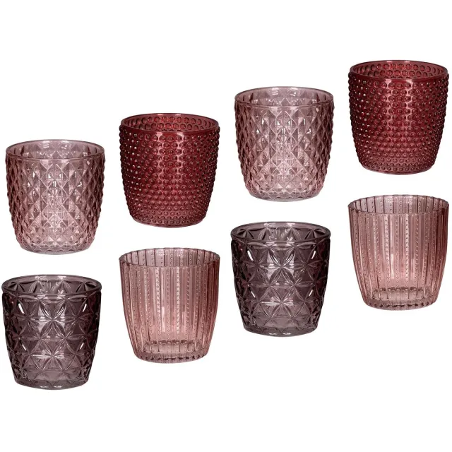 Famanu Set van 8 glazen windlichten, 7,5 cm hoog, roze theelichthouders, retro kaarsenhouders voor tafeldecoratie