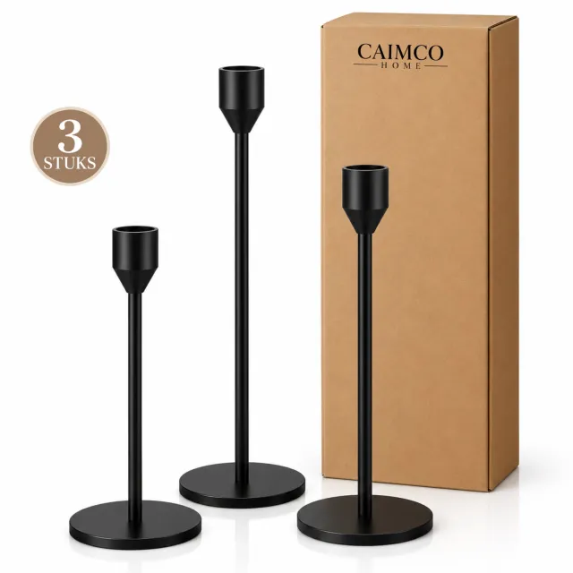Caimco Kandelaars Zwart – Set van 3 – Metalen Kaarsenhouders – 23, 28 & 33 cm – RVS – Kandelaar voor Dinerkaarsen – Woondecoratie