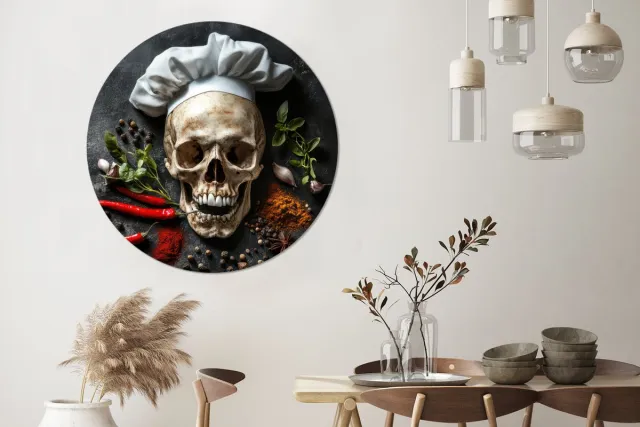 WallCircle Wandcirkel - Muurcirkel - Skelet - Kruiden - Eten - Schedel - Kok - Aluminium - Dibond - 140x140 cm - Binnen en Buiten Schedel - Specerijen