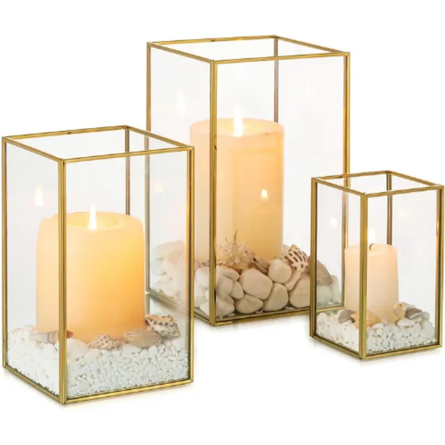 BOG Hurricane Candle Holders Glas – Set Van 3 Gouden Lantaarns – Gehard Glas Schoorsteen Kaarsen Set – Buiten Vierkant Decoratief – Bruiloft – Kerst – Halloween – Woonkamer Tafeldecoratie Haard